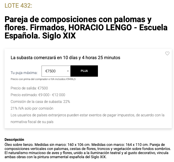 Ficha de subasta de Pareja de composiciones con palomas y flores