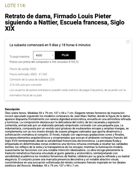 Ficha de subasta de Retrato de dama