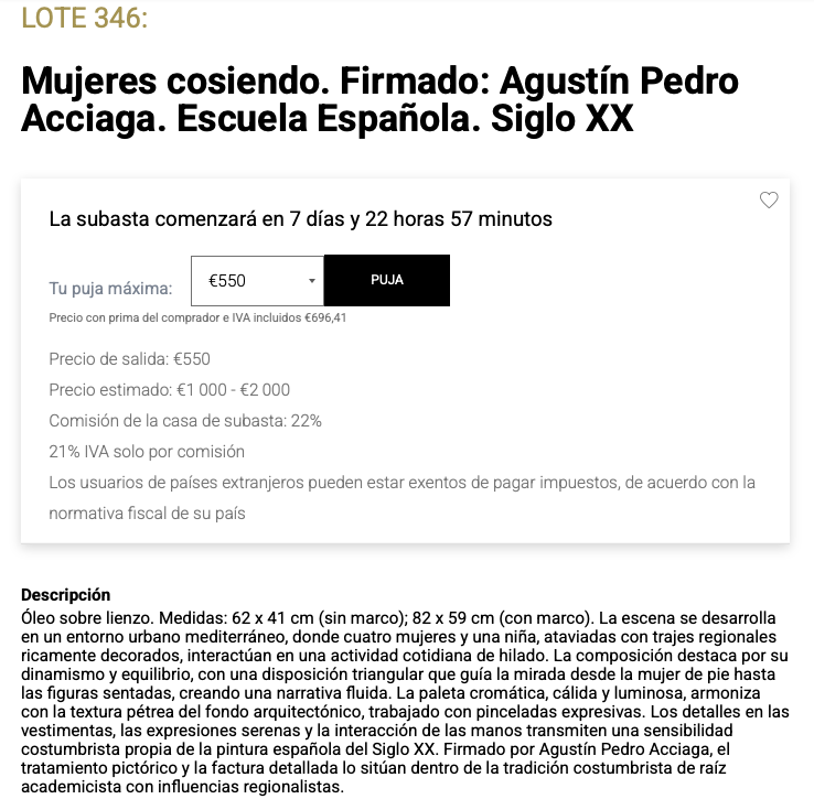 Ficha de subasta de Mujeres cosiendo