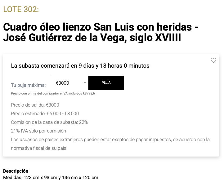 Ficha de subasta de San Luis con heridas