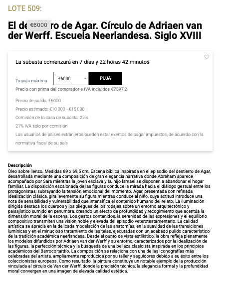 Ficha de subasta de El destierro de Agar