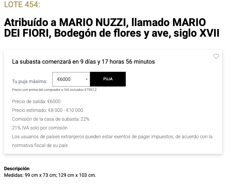Ficha de subasta de Bodegón de flores y ave, siglo XVII