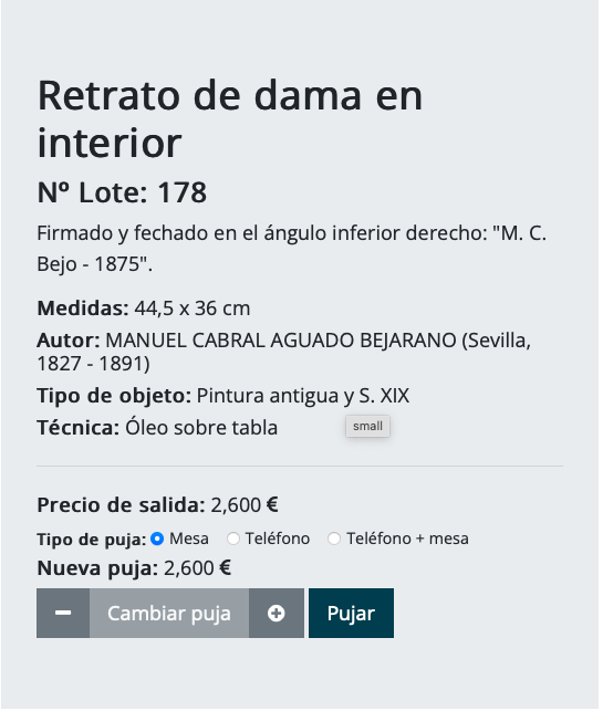 Ficha de subasta de Retrato de dama en interior