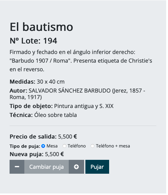 Ficha de subasta de El bautismo