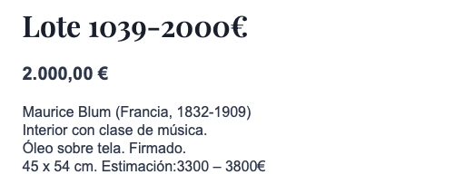 Ficha de subasta de Interior con clase de música.