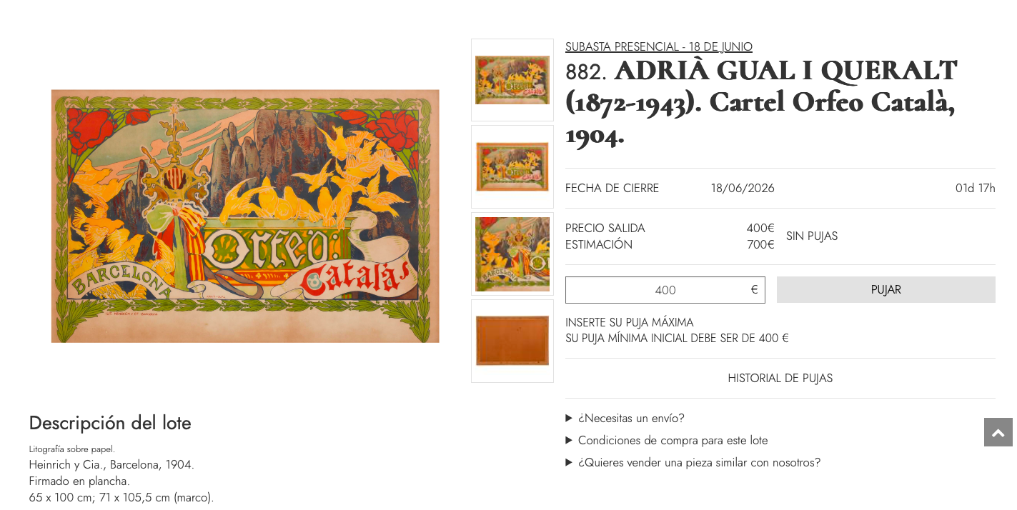 Ficha de subasta de Cartel Orfeo Català, 1904