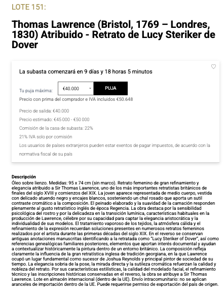 Ficha de subasta de Retrato de Lucy Steriker de Dover