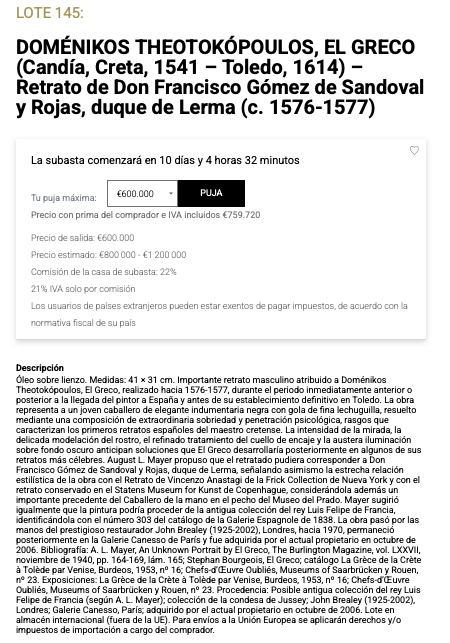 Ficha de subasta de Retrato de Don Francisco Gómez de Sandoval y Rojas, duque de Lerma (c. 1576-1577)
