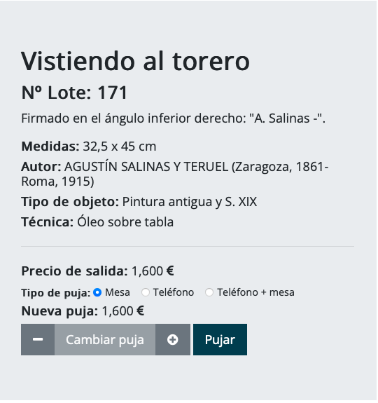 Ficha de subasta de Vistiendo al torero