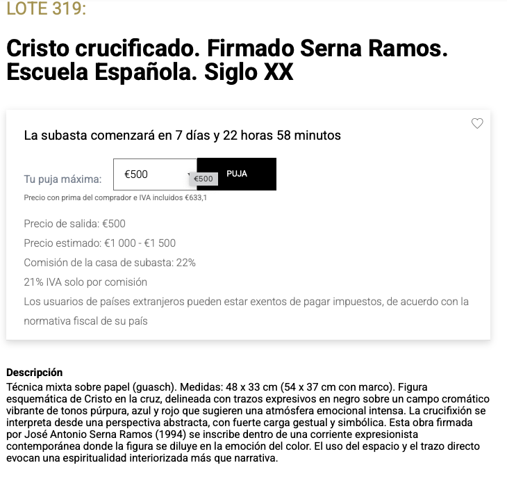 Ficha de subasta de Cristo crucificado