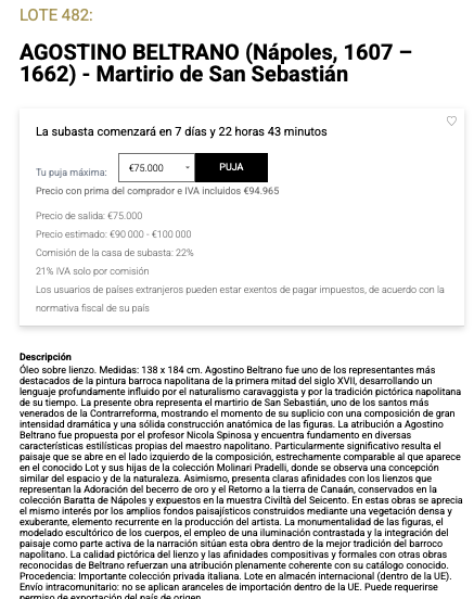 Ficha de subasta de Martirio de San Sebastián