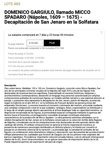 Ficha de subasta de Decapitación de San Jenaro en la Solfatara