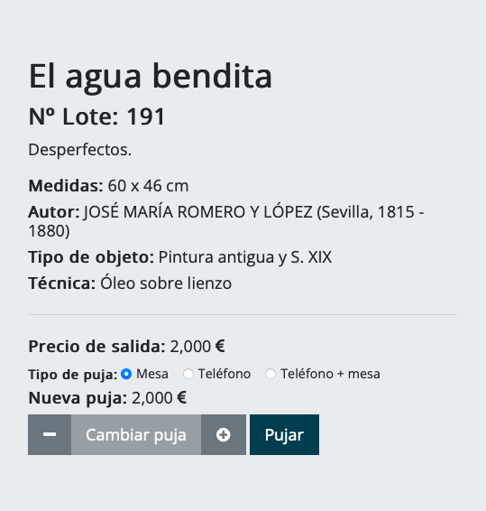 Ficha de subasta de El agua bendita