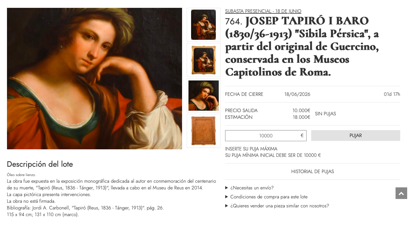 Ficha de subasta de "Sibila Pérsica", a partir del original de Guercino, conservada en los Museos Capitolinos de Roma.