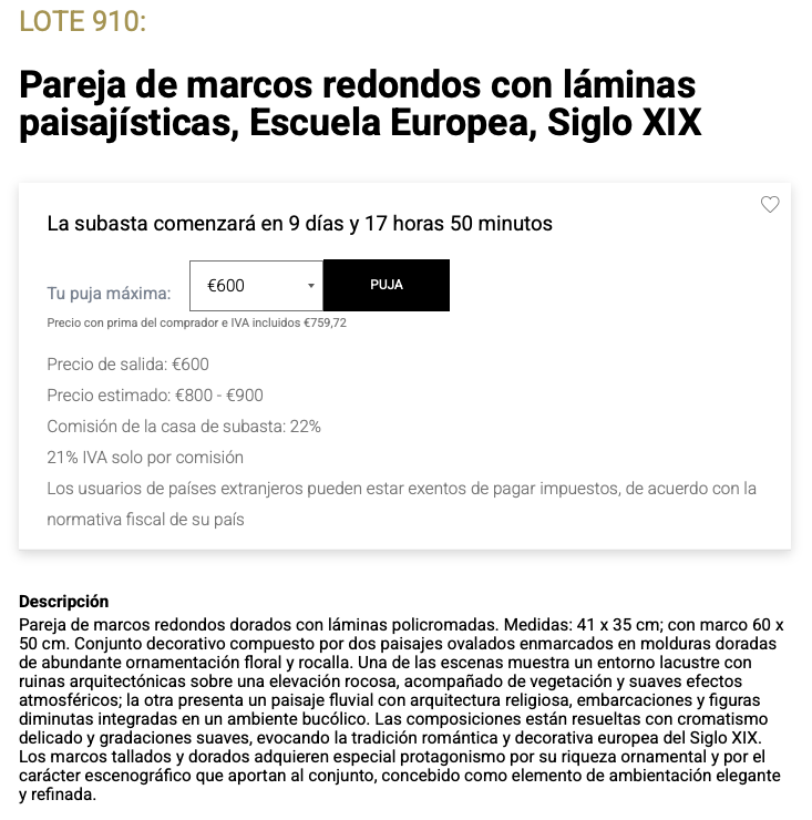 Ficha de subasta de Pareja de marcos redondos con láminas paisajísticas, Escuela Europea, Siglo XIX