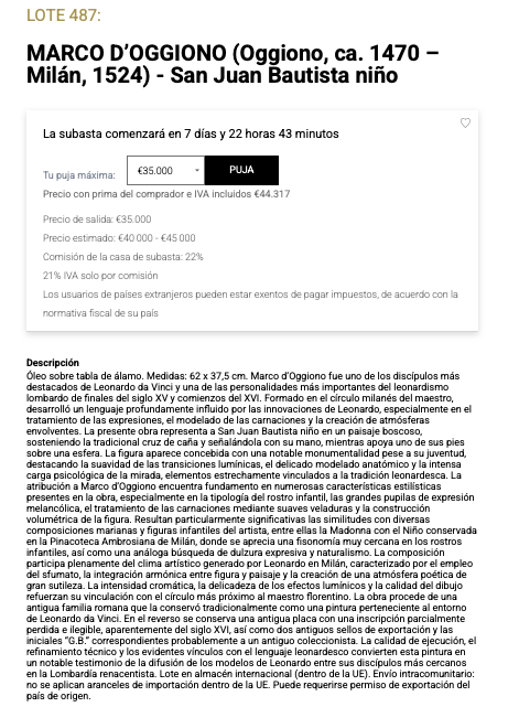 Ficha de subasta de San Juan Bautista niño