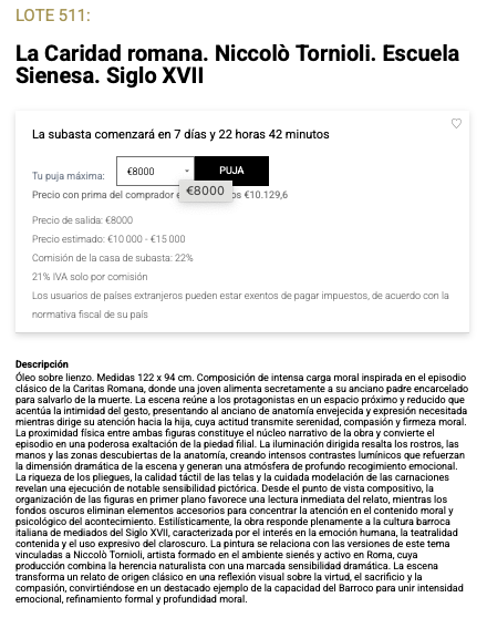 Ficha de subasta de La Caridad romana