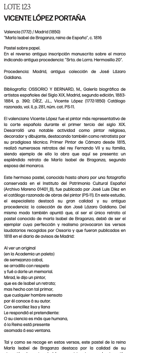 Ficha de subasta de María Isabel de Braganza, reina de España