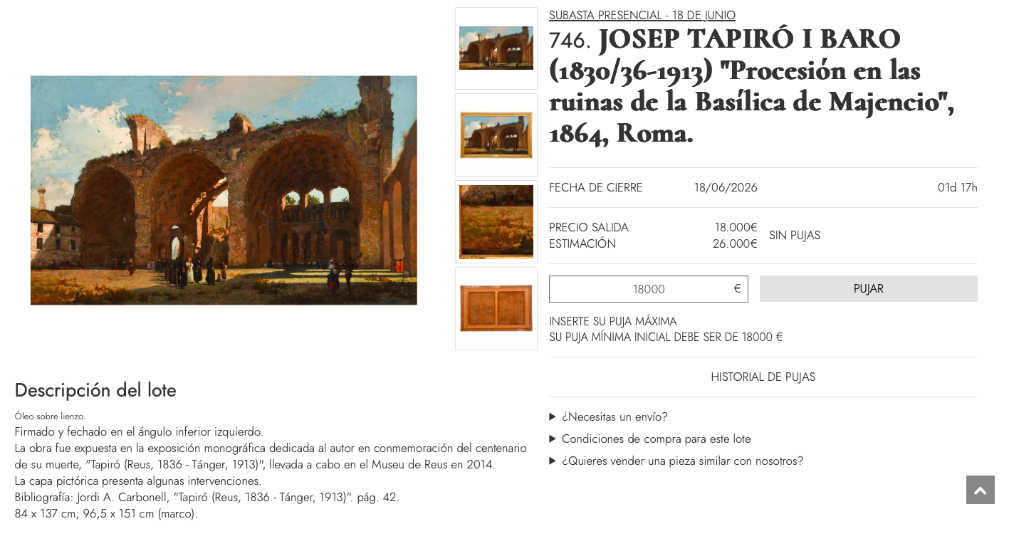 Ficha de subasta de "Procesión en las ruinas de la Basílica de Majencio", 1864, Roma.