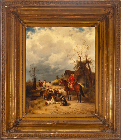 Imagen de Escena campestre; hombre a caballo con perros
