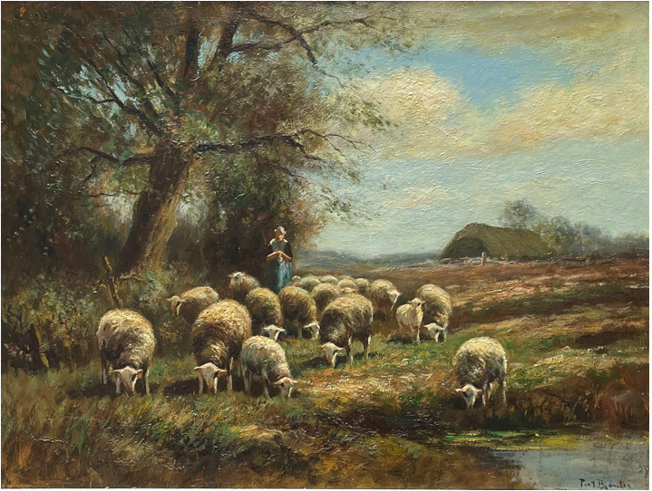 Imagen de Sheep flock on the heath, a sheepfold in the distance