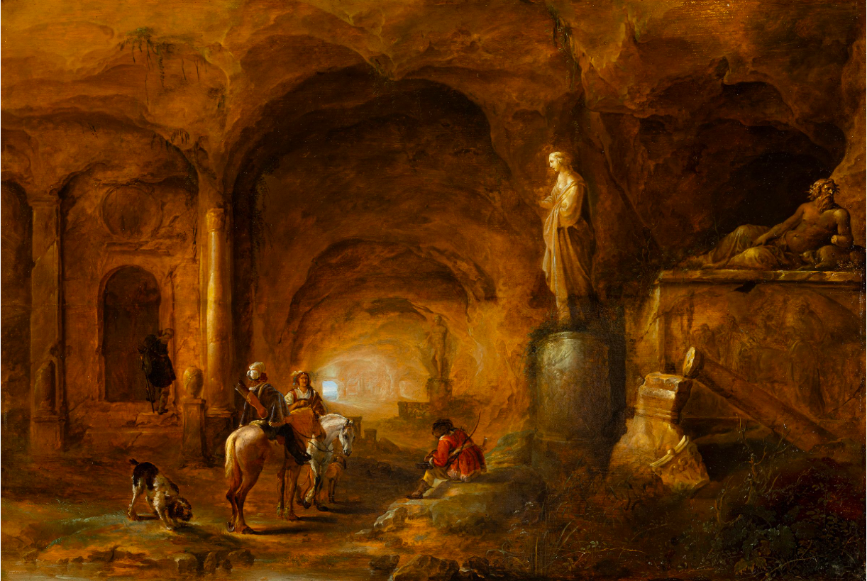 Imagen de Cazadores descansando en una misteriosa caverna rodeada de monumentos romanos.